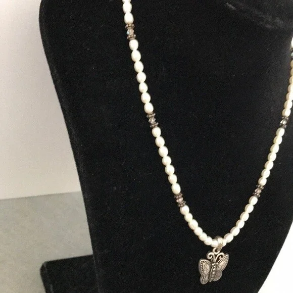 Vintage Handmade Sterling Silver Butterfly Pearl Swarovski Crystal Necklace 16 - Picture 3 of 8